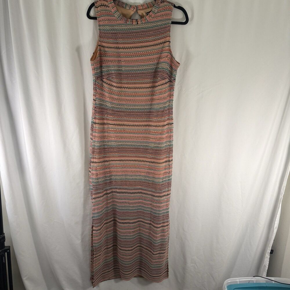 Nina Leonard Dress Women's Large Orange Blue Striped Sleeveless Pullover Lined